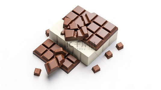 白色背景上牛奶巧克力片和巧克力棒的顶视图 3D 插图