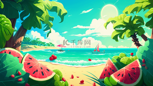 水果卡通背景背景图片_夏天海滩西瓜椰树可爱卡通背景