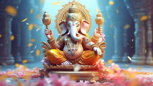 用 3D 渲染的大象雕像庆祝印度教神甘尼萨信仰的节日