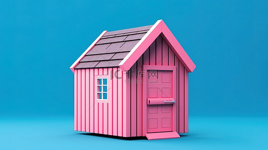 双色调风格的 3D 渲染，展示了一个小型粉色花园工具棚，蓝色背景上带有小屋存储空间