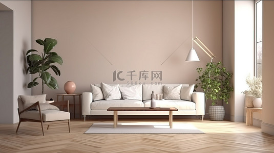 名片设计模板名片背景图片_室内设计 3D 渲染一个温暖而温馨的客厅，配有白色沙发和木地板