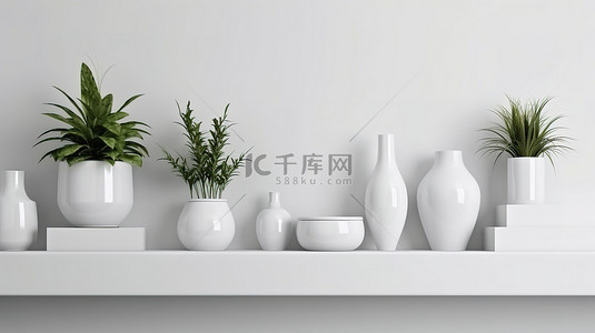 家具背景图片_白色架子上展示的盆栽植物 3d 渲染图