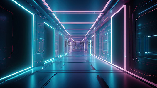 在 3D 渲染中飞行通过科幻走廊的霓虹灯矩形的未来插图