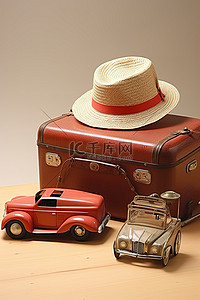 帽子玩具汽车收音机和手提箱