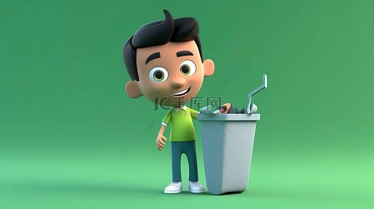 垃圾桶背景图片_3d 卡通亚洲青少年享受垃圾箱回收