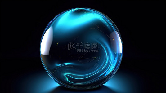 优雅而奢华的 3D 插图，展示了在宇宙中运动的蓝色液体球体，黑色背景完美适合现代和宇宙模板