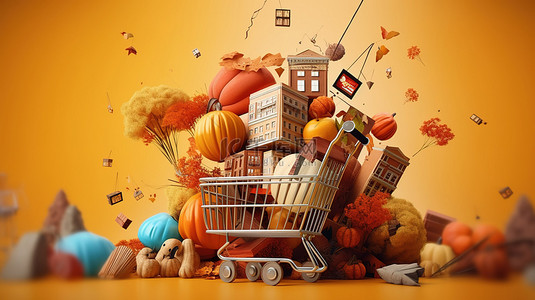 秋季礼物背景图片_3D 渲染设计中的飞行购物材料和秋季物体