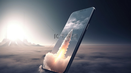 使用 3D 渲染在电话屏幕中展示火箭发射的插图