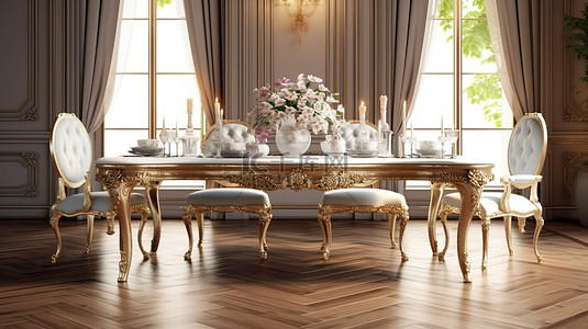 豪华巴洛克式客厅配有现代经典餐桌和服务区 3D 渲染