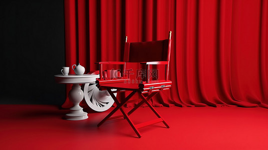 3D 影院渲染中的红色窗帘装饰导演椅