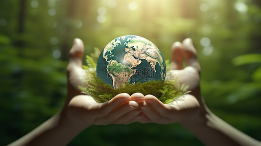将世界握在手中拯救地球的 3D 渲染
