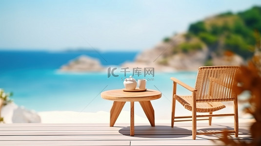 木桌上夏季模型的模糊 3D 渲染，面朝风景秀丽的海景，配有椅子