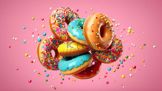 蛋糕店背景图片_色彩缤纷的甜甜圈在令人惊叹的 3D 渲染中在柔和的背景上翱翔
