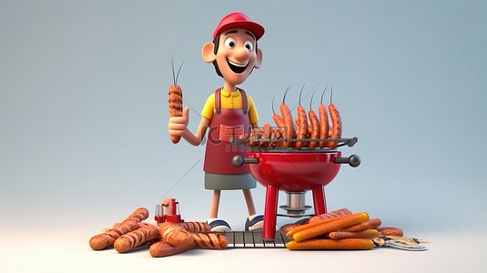 厨师卡通背景图片_火热的烧烤 3D 渲染，英俊的厨师穿着红色背心烤香肠烤肉串和烧烤