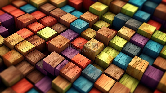 木板背景图片_充满活力的抽象木立方块的特写 3D 渲染背景