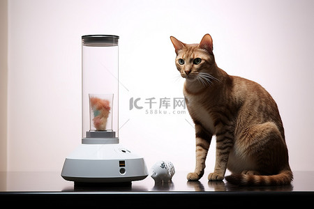 一只猫坐在猫粮分配器旁边