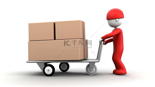 工业背景图片_男子在手推车上搬运货箱，以 3D 渲染并隔离