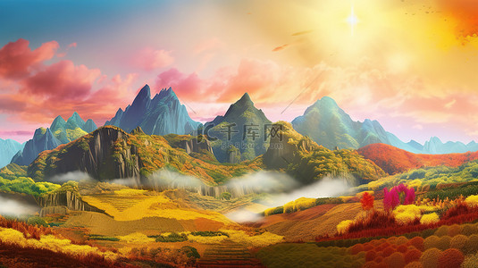 金色的阳光照耀在色彩缤纷的中国山脉和 3D 景观中的白云上