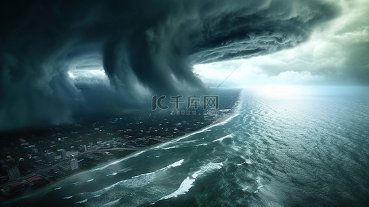 巨大的龙卷风和汹涌的风暴肆虐海洋 3d 插图
