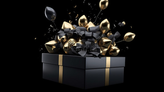 金色丝带黑色礼盒炸弹用这个令人惊叹的 3D 渲染庆祝黑色星期五圣诞节新年生日和节礼日