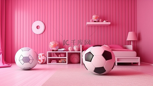 粉红色足球主题儿童房的 3D 渲染