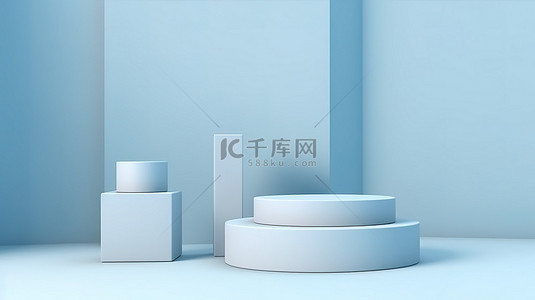 产品台阶背景图片_淡蓝色平躺产品展示上 3D 圆柱讲台的抽象组合，背景有台阶