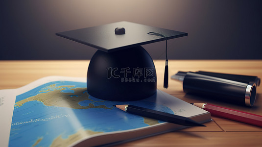 学校毕业背景图片_回到学校毕业帽和剪贴板在地球上的 3D 渲染
