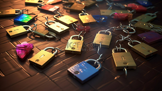 使用挂锁和钥匙可视化信用卡数据加密 3D 渲染卡