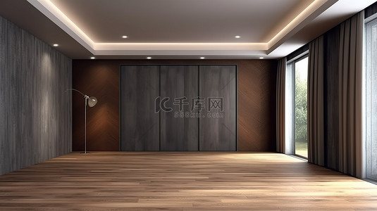 精致的房间，配有木墙图案时尚的灰色衣柜和丰富的棕色地板 3D 渲染