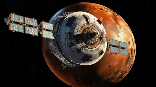 围绕火星进行轨道探险的航天器的 3D 渲染
