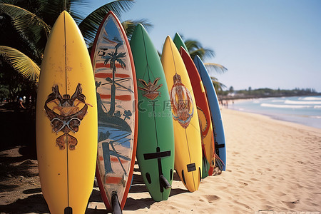 海滩上排列着色彩缤纷的冲浪板