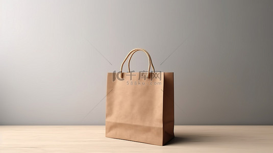 袋子样机背景图片_3D 渲染现代购物袋样机放在白墙背景的木制柜台上