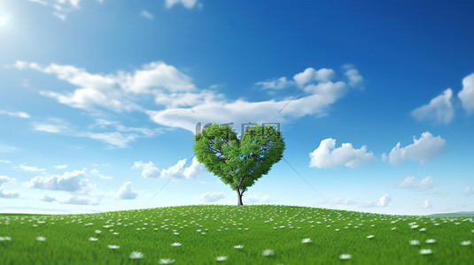 蓝天地球背景图片_心形树在郁郁葱葱的绿色和清澈的蓝天中象征着对地球母亲的爱
