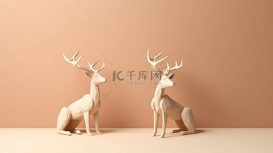雪鹿背景图片_米色背景，带有两只驯鹿的 3d 渲染和文本空间