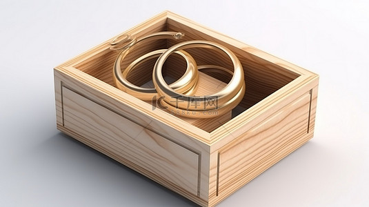 一对结婚戒指坐落在一个闪亮的木制礼品盒内，在白色背景下进行 3d 渲染