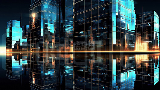 令人惊叹的 3D 设计的未来派大都市，充满活力的窗户和反射墙照亮
