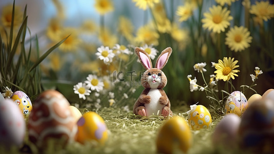 兔子耳朵背景图片_3D 复制空间中异想天开的复活节装饰兔子耳朵和雏菊蛋