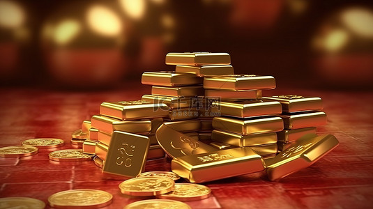 金色的中国锭和硬币在 3D 渲染的黄金表面上发光