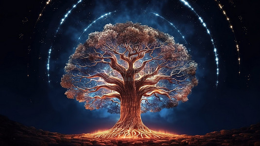 夏天树背景图片_连接地球和天堂的雄伟树辐射通用能量 3D 插图