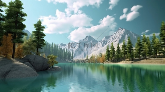 田园诗般的山地景观森林风景中令人惊叹的湖泊的 3D 渲染