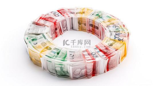 钞票背景图片_孤立的白色背景救生圈与 3d 呈现百欧元钞票