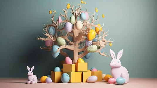欢快的复活节树，配有 3D 背景兔子蛋礼盒和鸡
