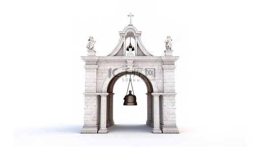 白色背景与 3D 渲染钟楼拱门和挂钟
