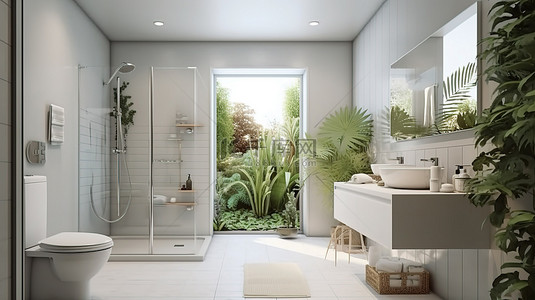 浴室墙背景图片_带淋浴厕所和水槽的侧景浴室的时尚 3D 渲染