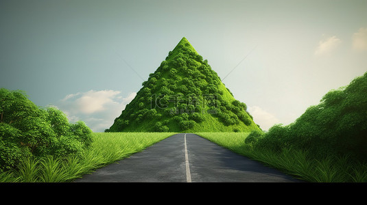 公路风景背景图片_丛林路 3D 插图，以三角形概念和绿色背景上风景秀丽的山树和草隔离为特色