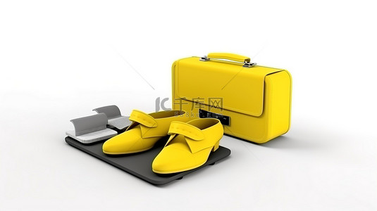 商务公文包背景图片_带有黄色公文包人字拖和信用卡的孤立白色背景的 3d 渲染