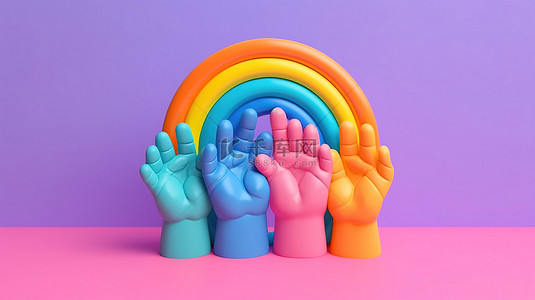 抽象的蓝色手拿着彩虹般的彩色玩具橡皮泥，在 3D 渲染的粉红色背景上