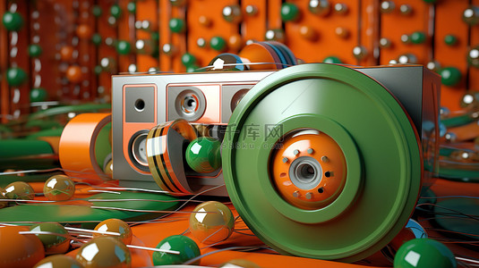 彩色磁带收藏和绿色盒式磁带播放器，橙色背景上具有 3D 渲染