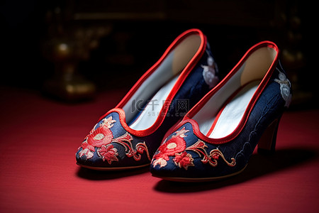 中国古董绣花婚鞋蓝色和红色