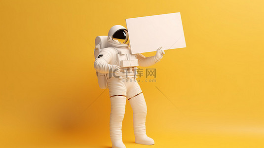 教育ppt封面背景图片_宇航员在充满活力的黄色背景下以 3D 渲染展示白色面板标语牌
